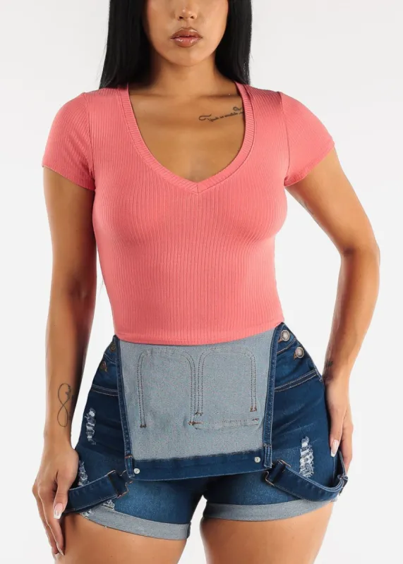 Ribbed Vneck Short Sleeve Crop Top Rose sold by Moda