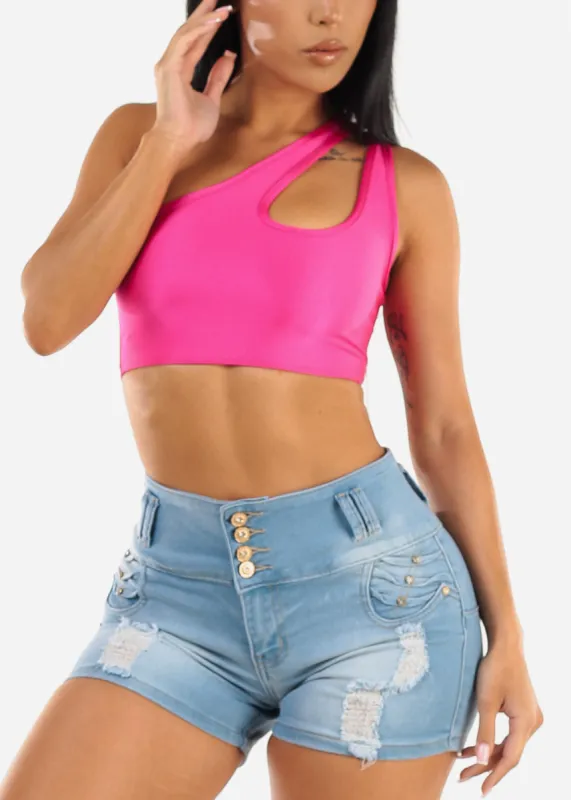 One Shoulder Cut Out Crop Top Fuchsia sold by Moda