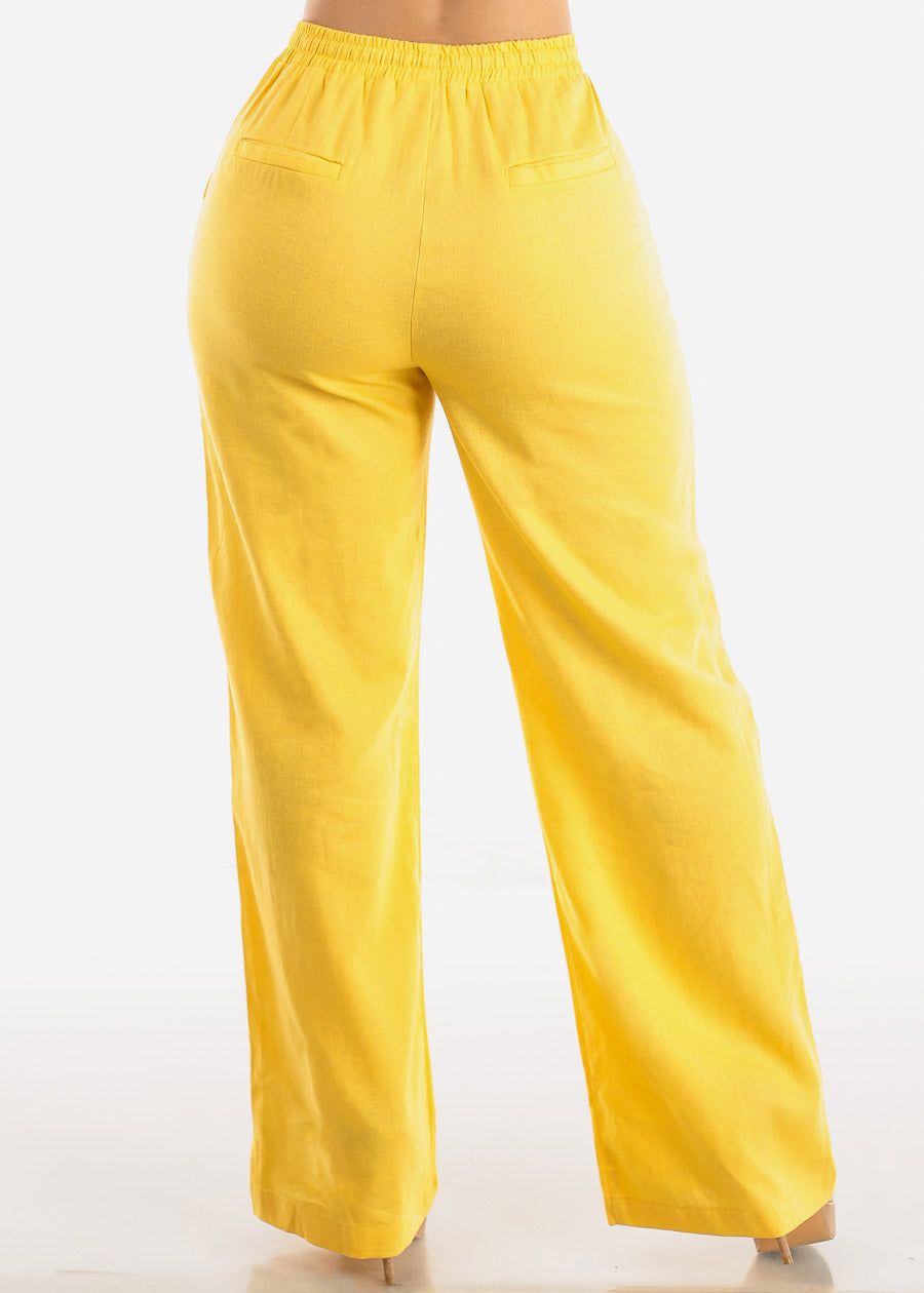 Yellow Linen Drawstring Waist Straight Leg Pants sold by Moda product image thumbnail 4