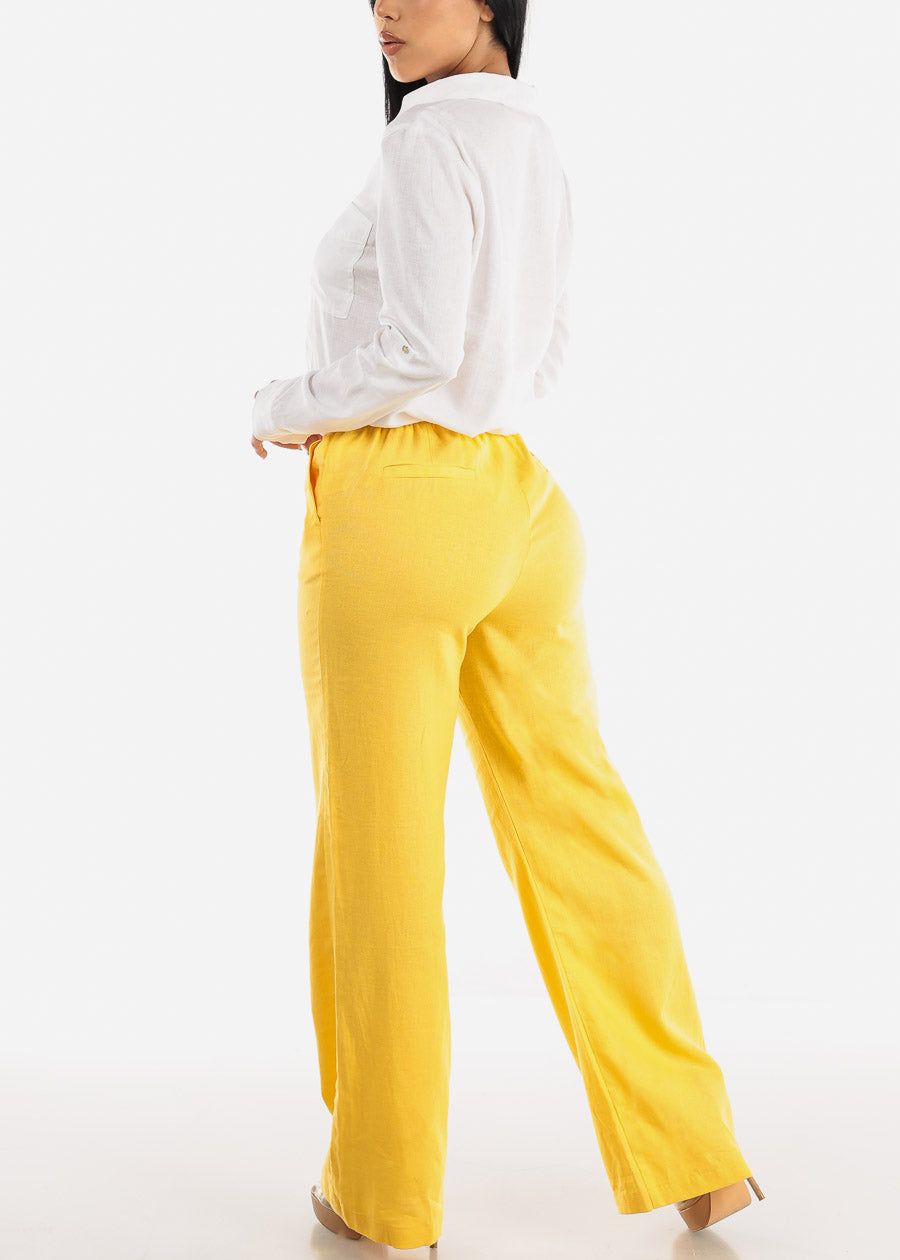 Yellow Linen Drawstring Waist Straight Leg Pants sold by Moda product image thumbnail 5