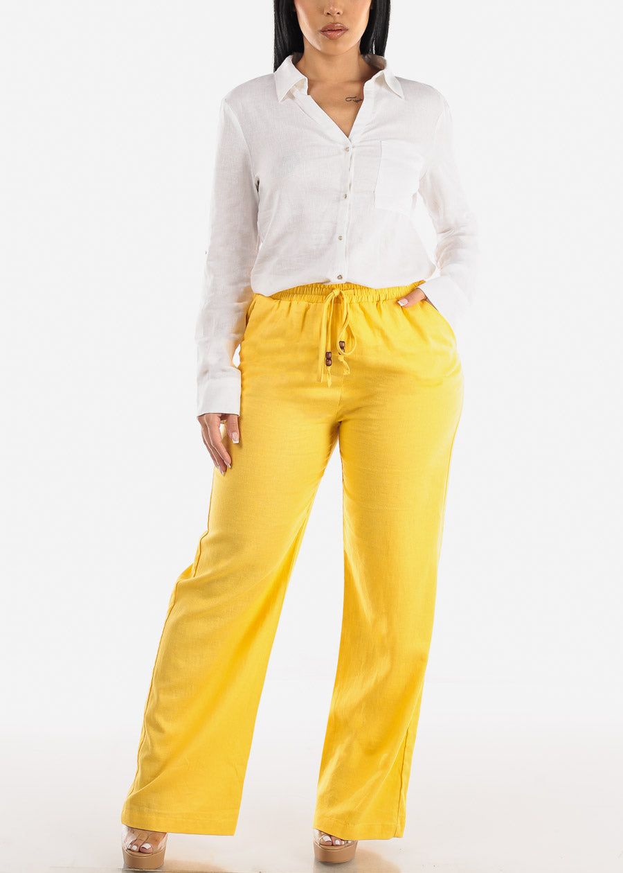 Yellow Linen Drawstring Waist Straight Leg Pants sold by Moda product image thumbnail 2