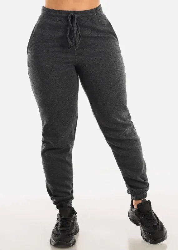Drawstring Waist French Terry Jogger Pants Charcoal sold by Moda