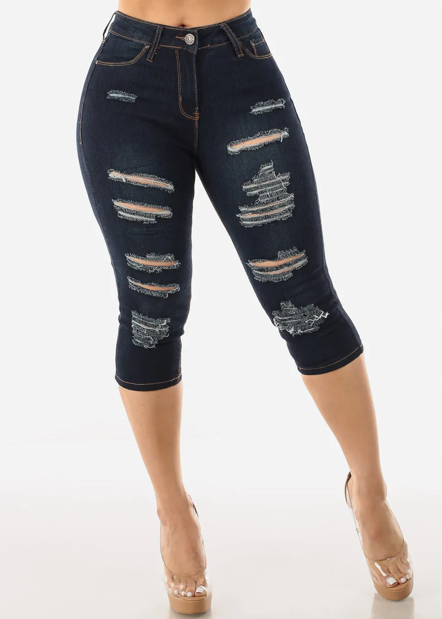 Mid Rise Dark Stretchy Ripped Denim Capris sold by Moda