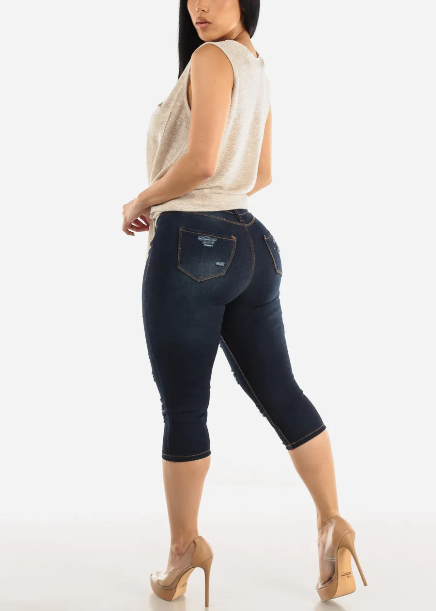 Mid Rise Dark Stretchy Ripped Denim Capris sold by Moda product image thumbnail 5