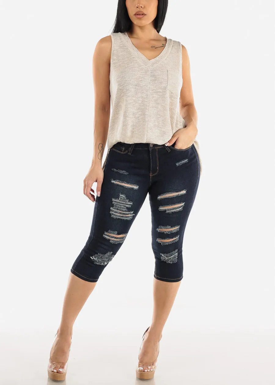 Mid Rise Dark Stretchy Ripped Denim Capris sold by Moda product image thumbnail 2