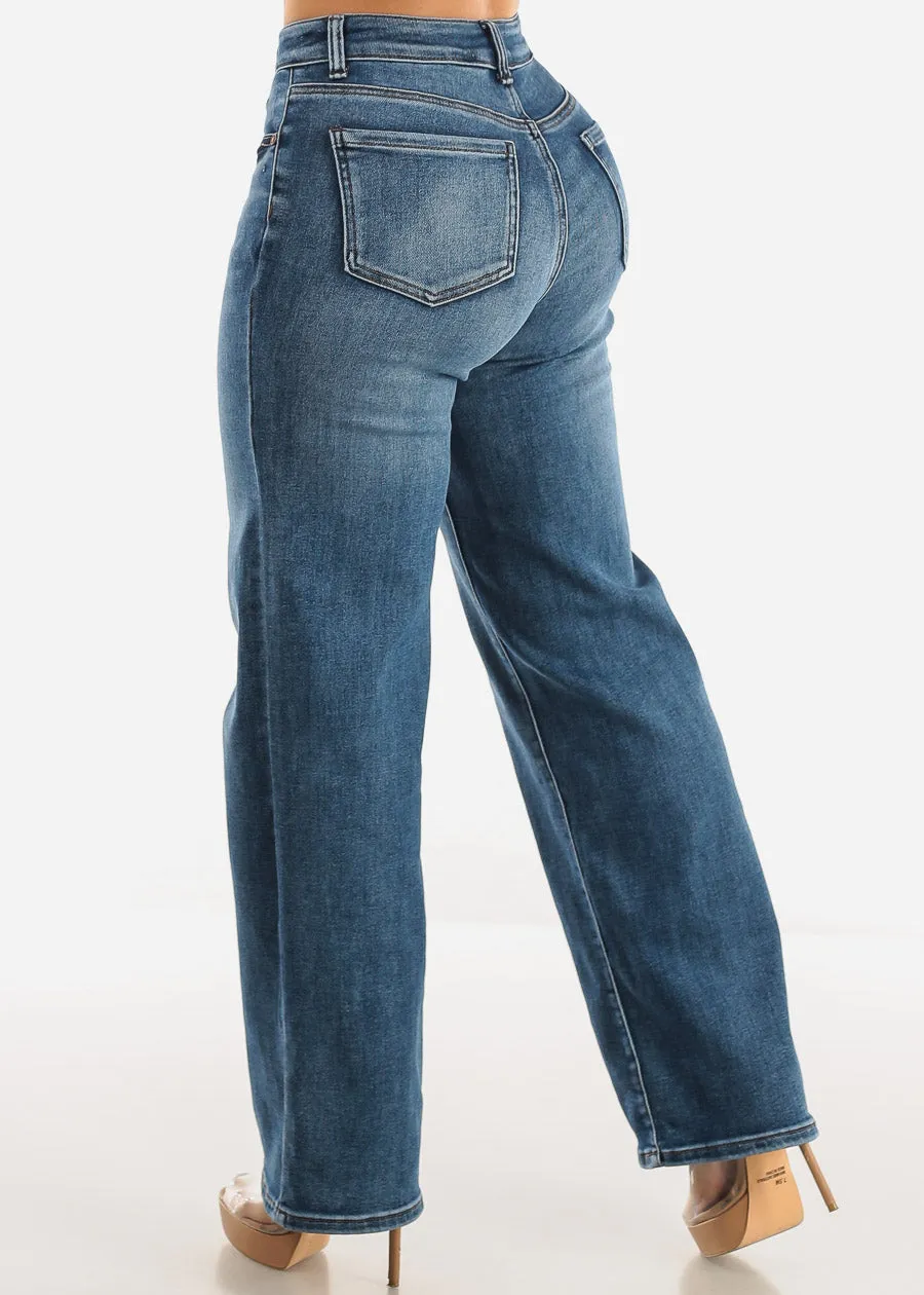 High Waist Wide Leg Straight Stretch Jeans Med Wash sold by Moda product image thumbnail 4