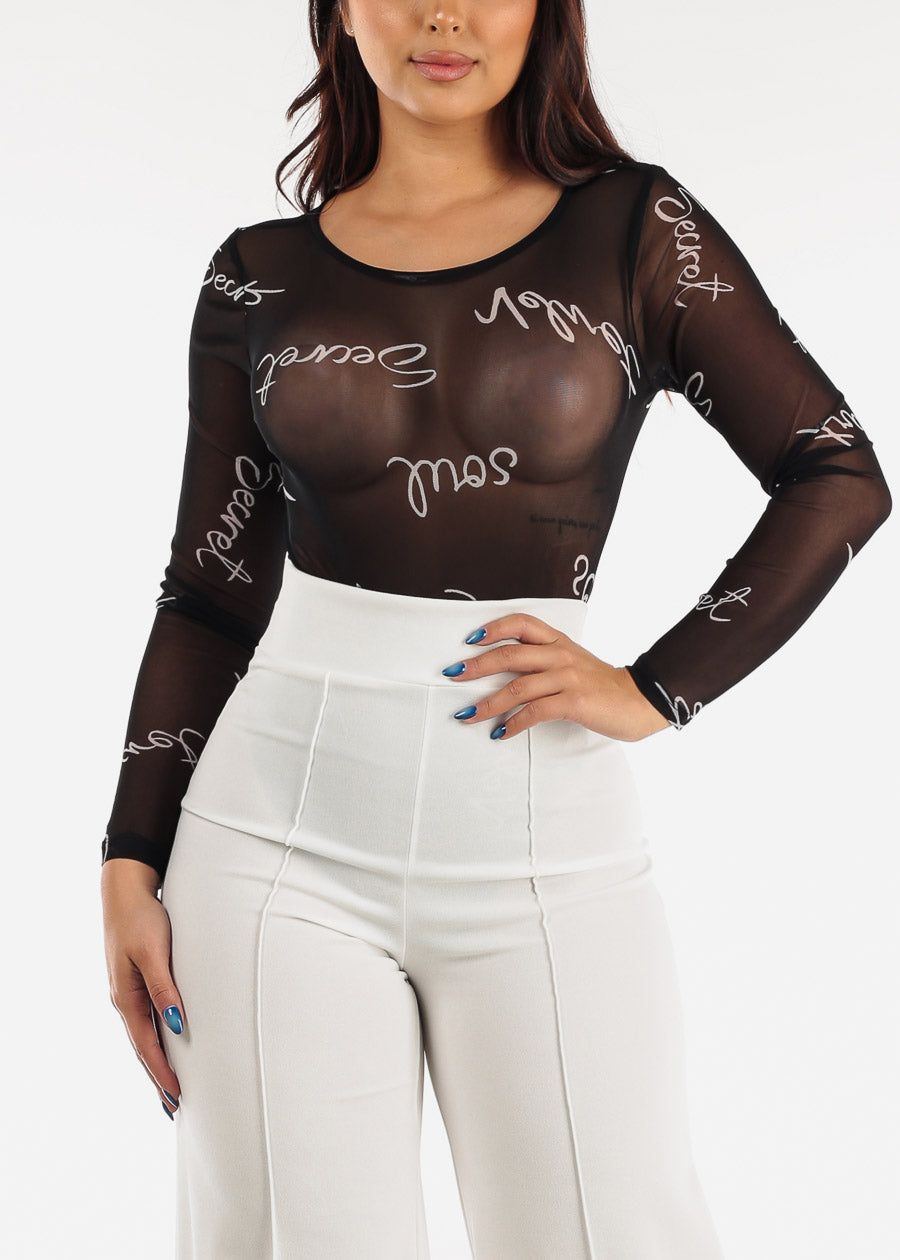 Black Long Sleeve Mesh Graphic Bodysuit sold by Moda