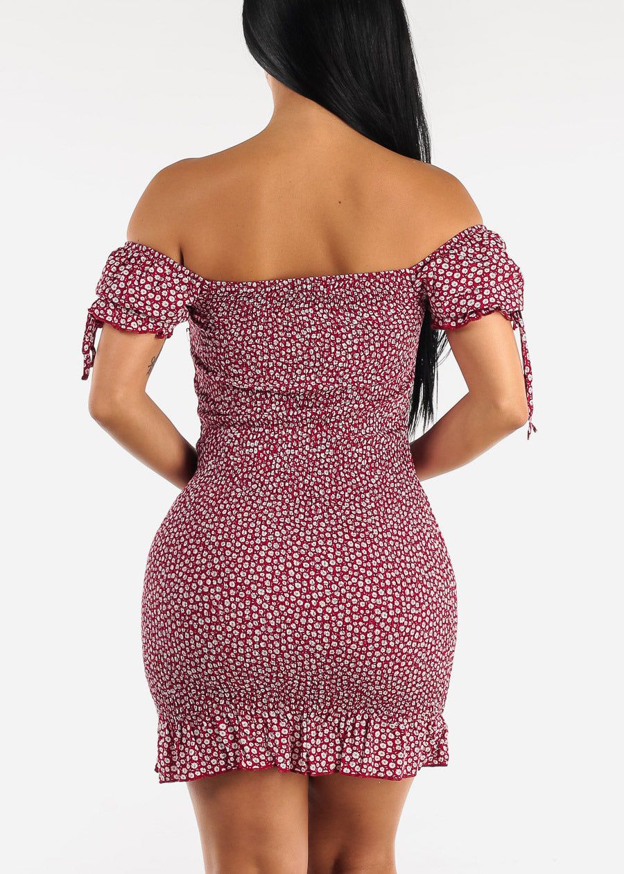 Off Shoulder Floral Smocked Bodycon Dress Red sold by Moda product image thumbnail 4