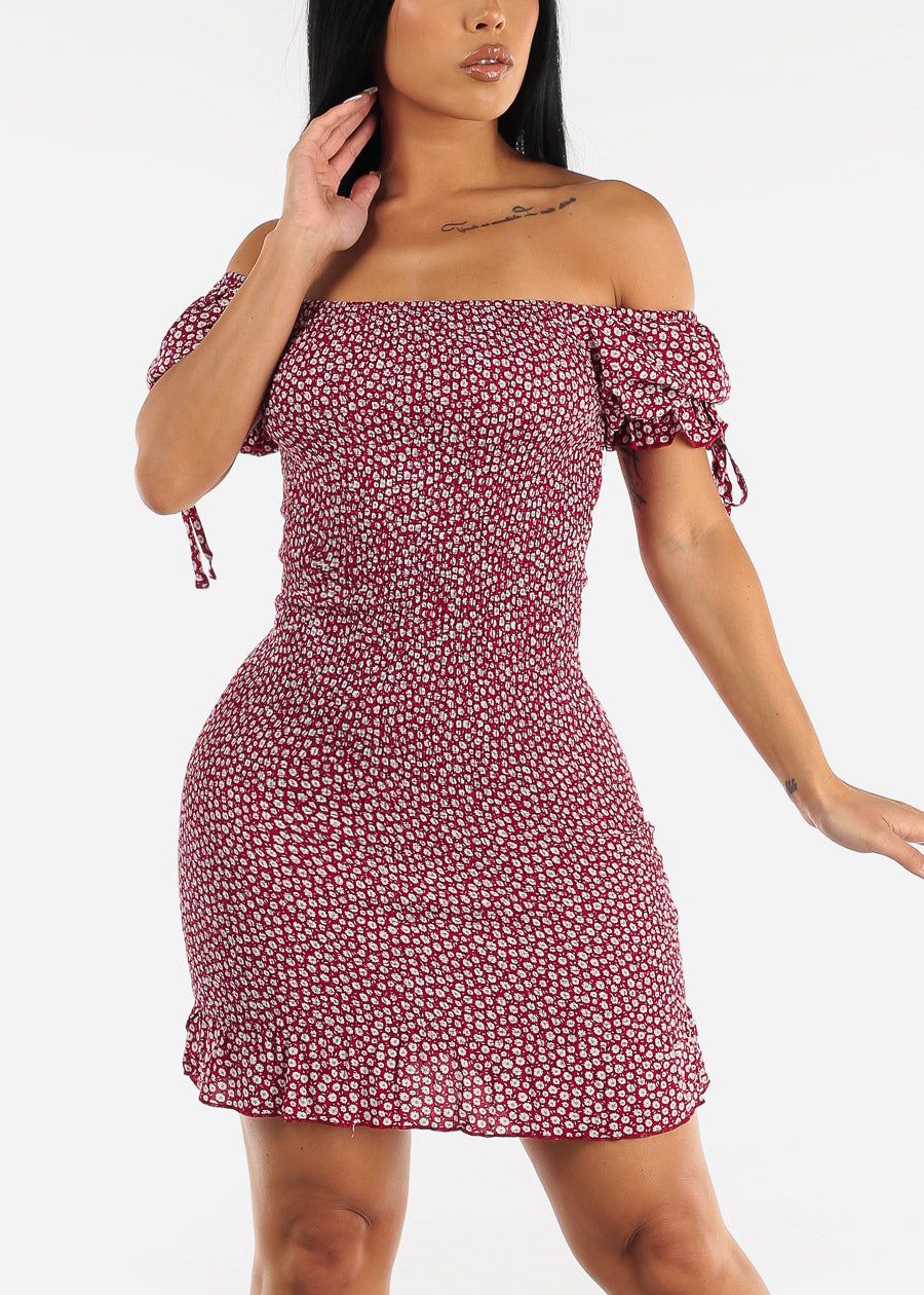 Off Shoulder Floral Smocked Bodycon Dress Red sold by Moda