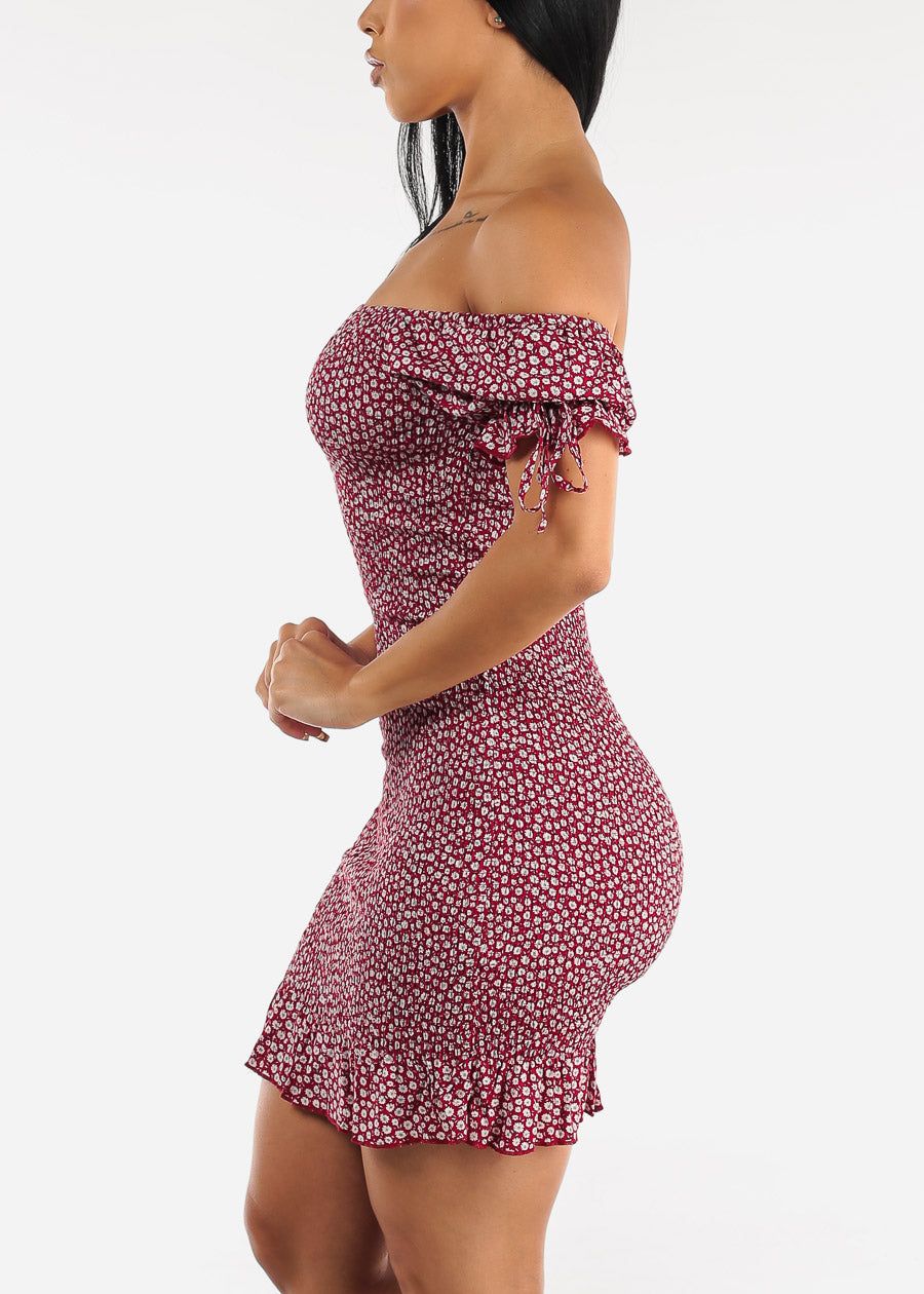 Off Shoulder Floral Smocked Bodycon Dress Red sold by Moda product image thumbnail 3