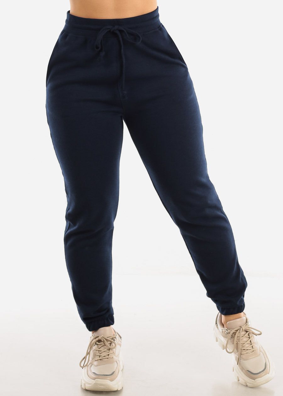 Drawstring Waist French Terry Jogger Pants Navy sold by Moda