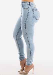 Classic 1 Button High Waisted Acid Wash Skinny Jeans sold by Moda