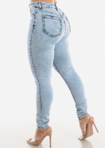 Classic 1 Button High Waisted Acid Wash Skinny Jeans sold by Moda