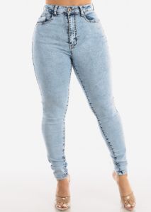 Classic 1 Button High Waisted Acid Wash Skinny Jeans sold by Moda