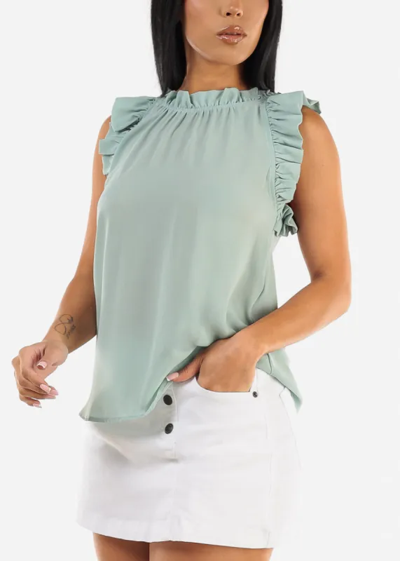 Sleeveless Ruffled Woven Blouse Mint sold by Moda