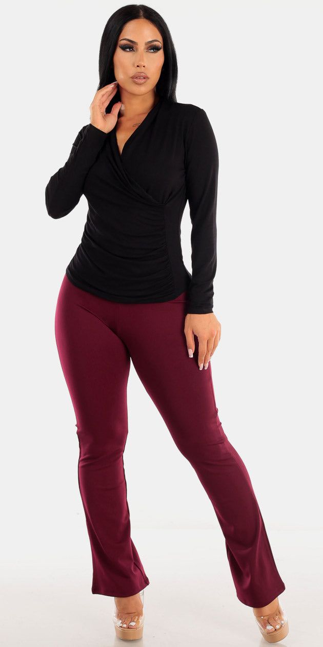 High Rise Burgundy Flared Dress Pants with Black Long Sleeve Surplice Blouse sold by Moda