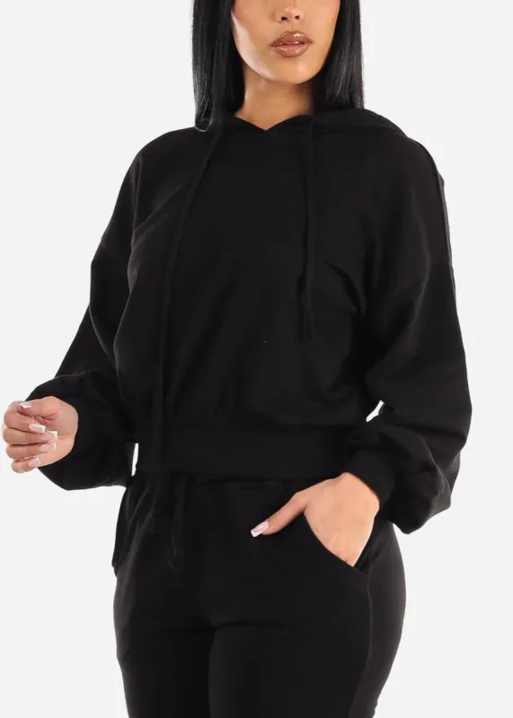 Classic Black French Terry Pullover Hoodie w Balloon Sleeves sold by Moda