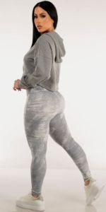 Grey High Rise Printed Activewear Leggings with Long Sleeve Cropped Grey Pullover Hoodie sold by Moda