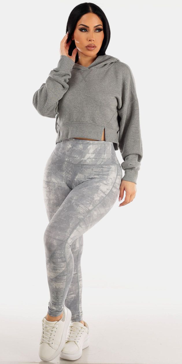 Grey High Rise Printed Activewear Leggings with Long Sleeve Cropped Grey Pullover Hoodie sold by Moda