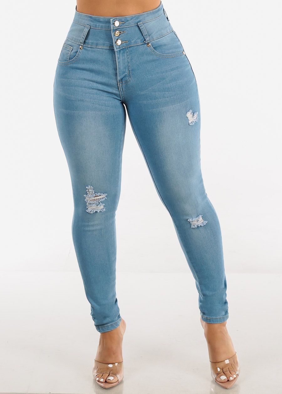 Butt Lifting Distressed Light Blue Skinny Jeans sold by Moda product image thumbnail 4