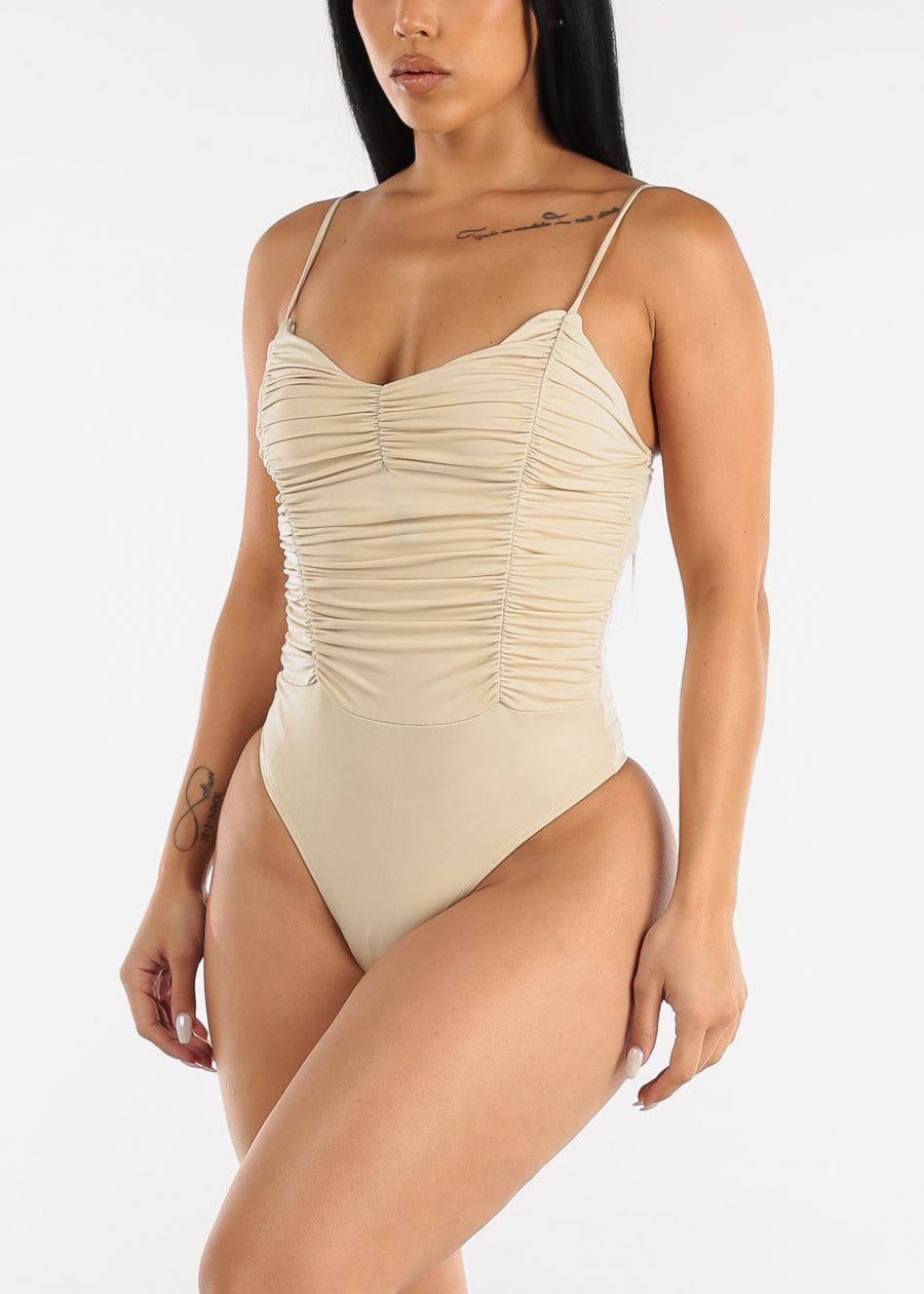 Sleeveless Ruched Double Layer Cami Bodysuit Khaki sold by Moda product image thumbnail 4