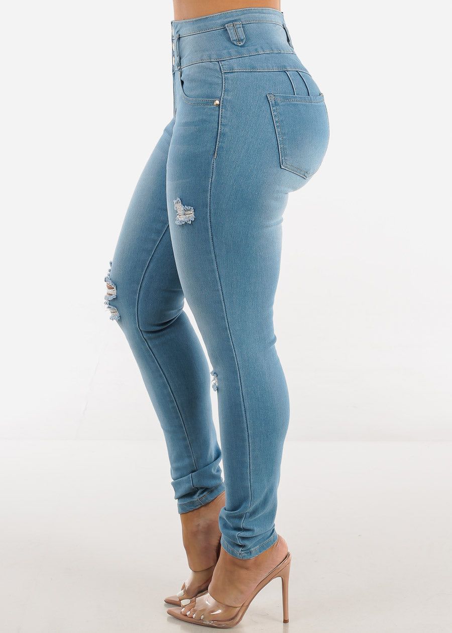 Butt Lifting Distressed Light Blue Skinny Jeans sold by Moda