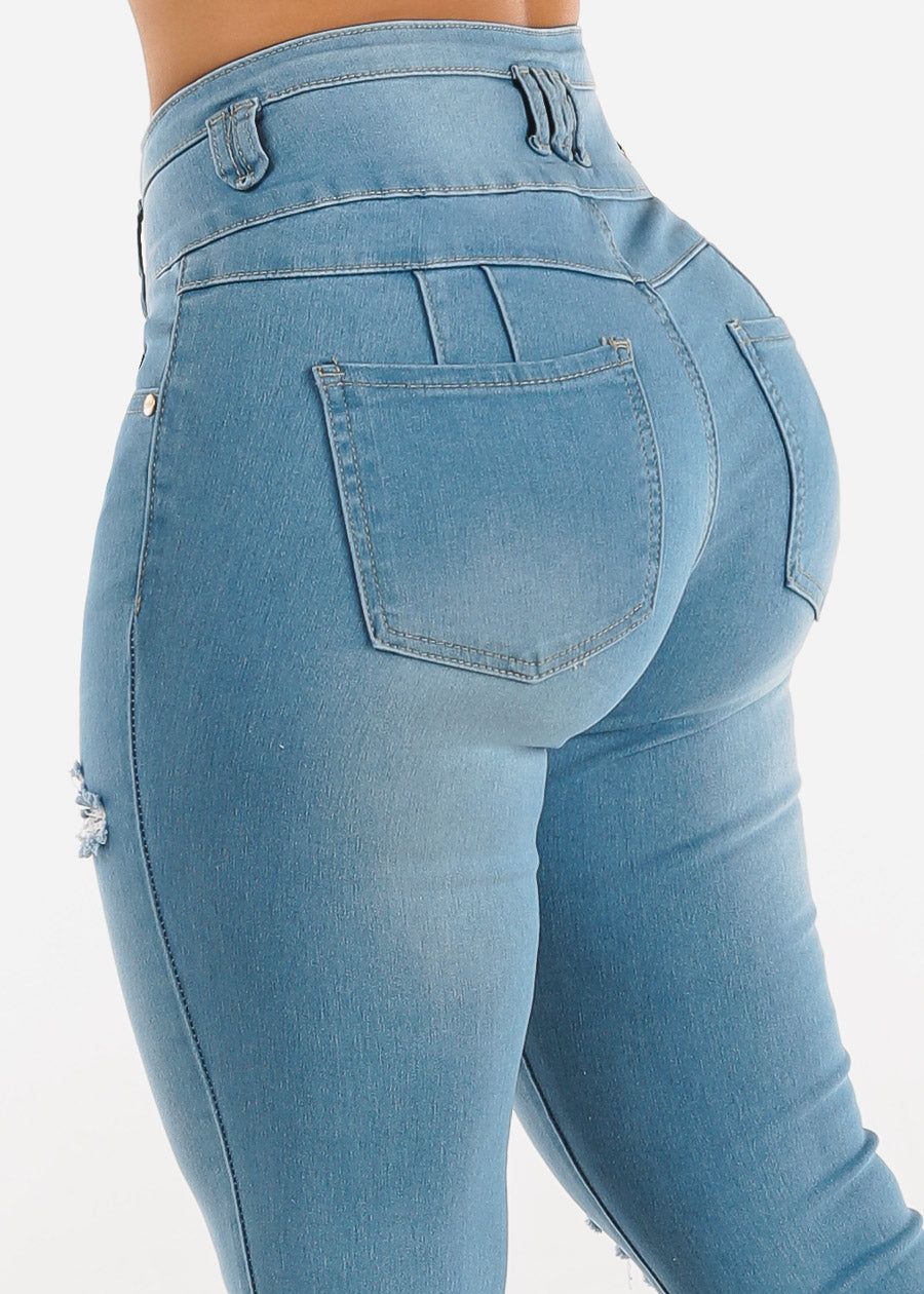 Butt Lifting Distressed Light Blue Skinny Jeans sold by Moda product image thumbnail 2