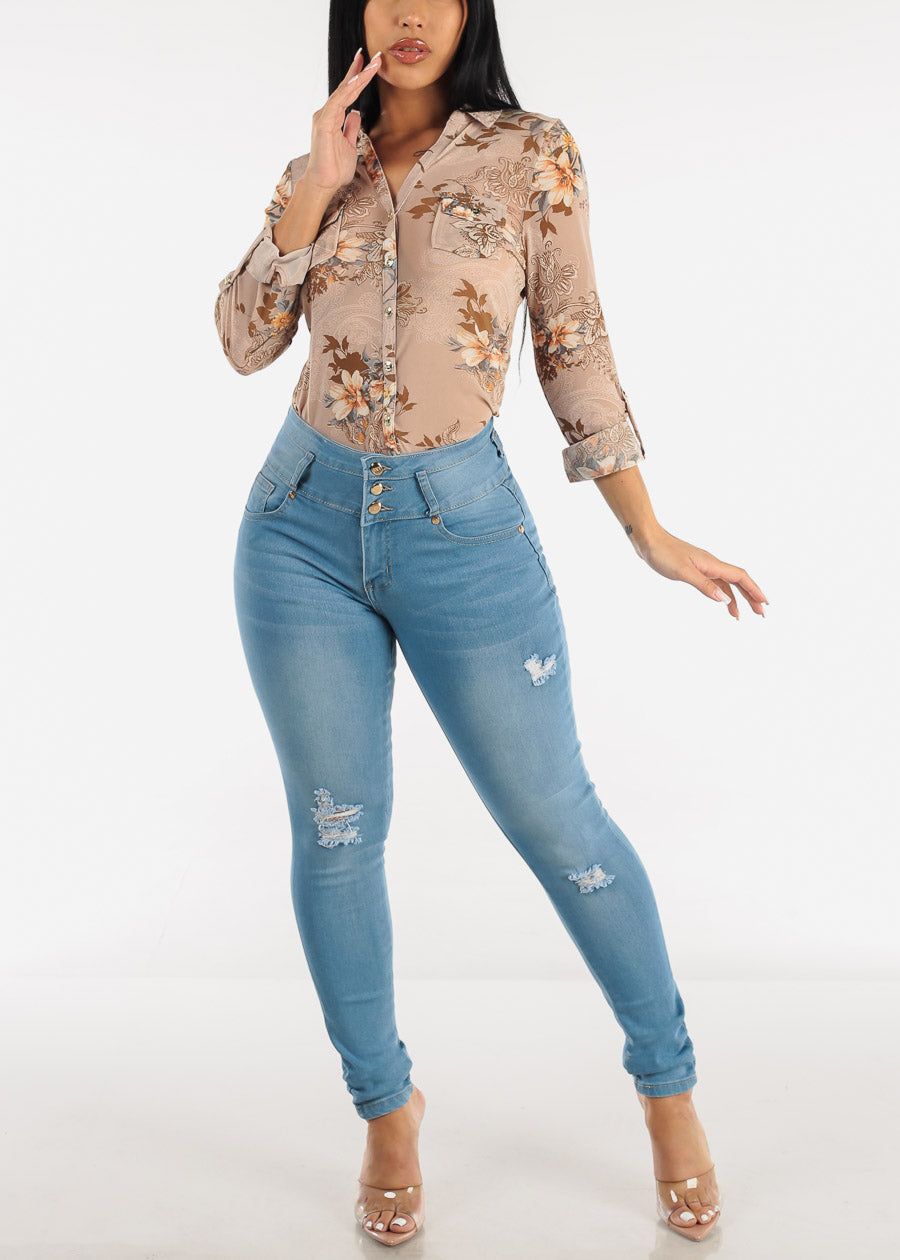 Butt Lifting Distressed Light Blue Skinny Jeans sold by Moda product image thumbnail 3