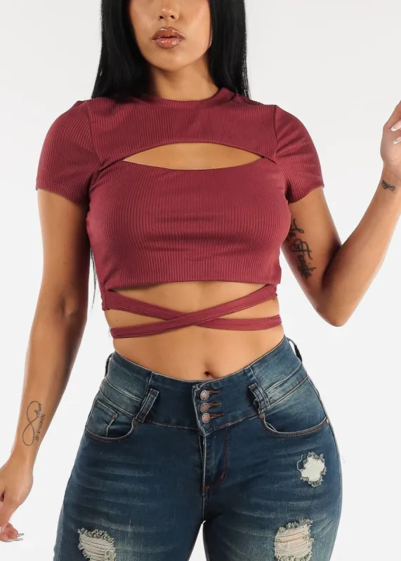 Short Sleeve Cut Out Brick Ribbed Crop Top w Waist Tie sold by Moda