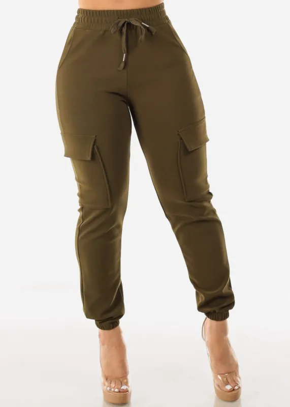 Drawstring Waist Cargo Jogger Pants Olive sold by Moda