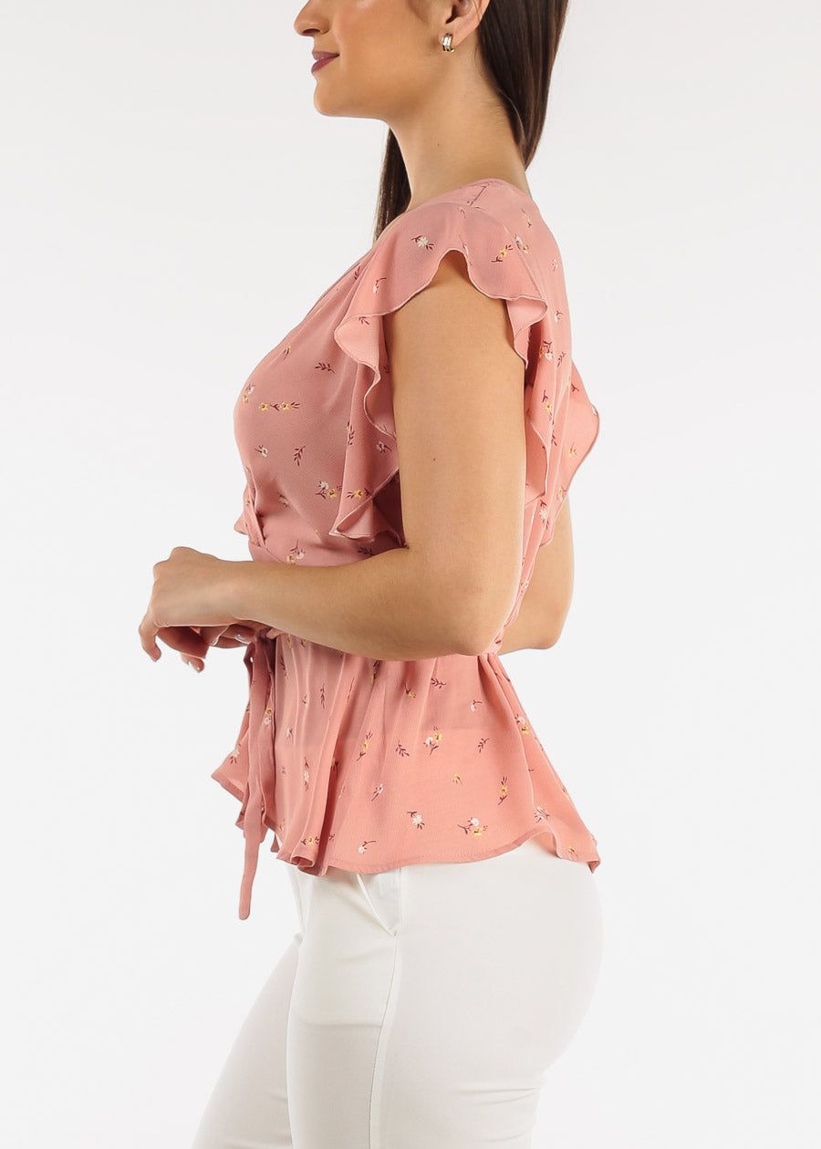 Short Sleeve Floral Surplice Peplum Blouse Mauve w Ruffle Trim sold by Moda product image thumbnail 3