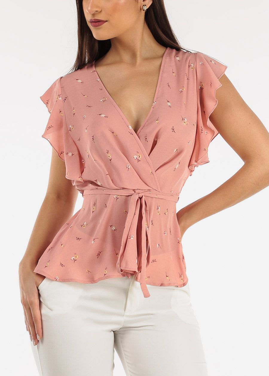 Short Sleeve Floral Surplice Peplum Blouse Mauve w Ruffle Trim sold by Moda