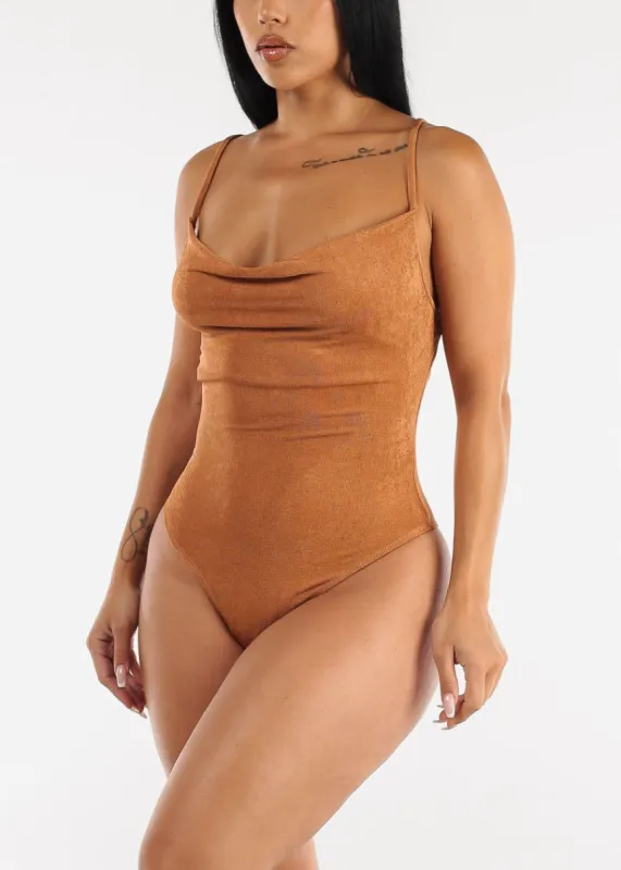 Sleeveless Slinky Cowl Neck Thong Bodysuit Light Brown sold by Moda