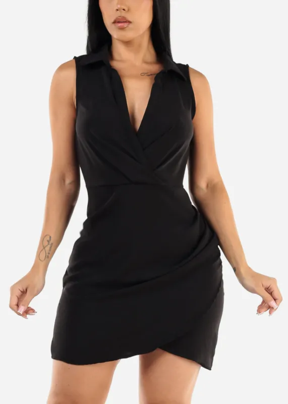 Sleeveless Surplice Black Collared Mini Dress sold by Moda