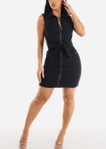 Sleeveless Zip Up Black Denim Mini Dress W Belt sold by Moda
