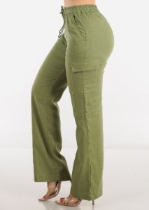 High Waist Straight Leg Linen Cargo Pants Light Olive sold by Moda