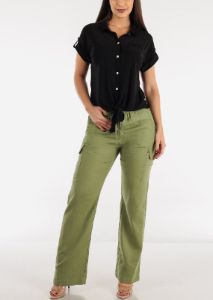 High Waist Straight Leg Linen Cargo Pants Light Olive sold by Moda