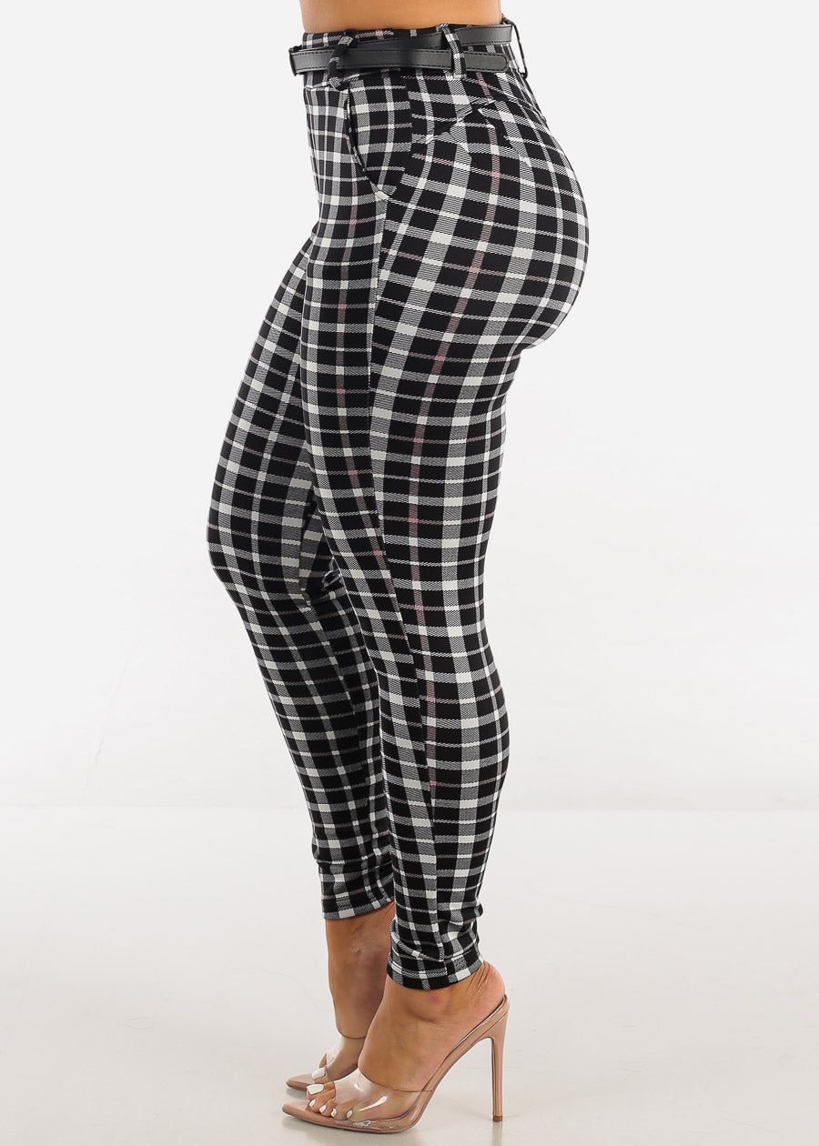 Black High Waist Plaid Butt Lift Skinny Pants w Belt sold by Moda product image thumbnail 4