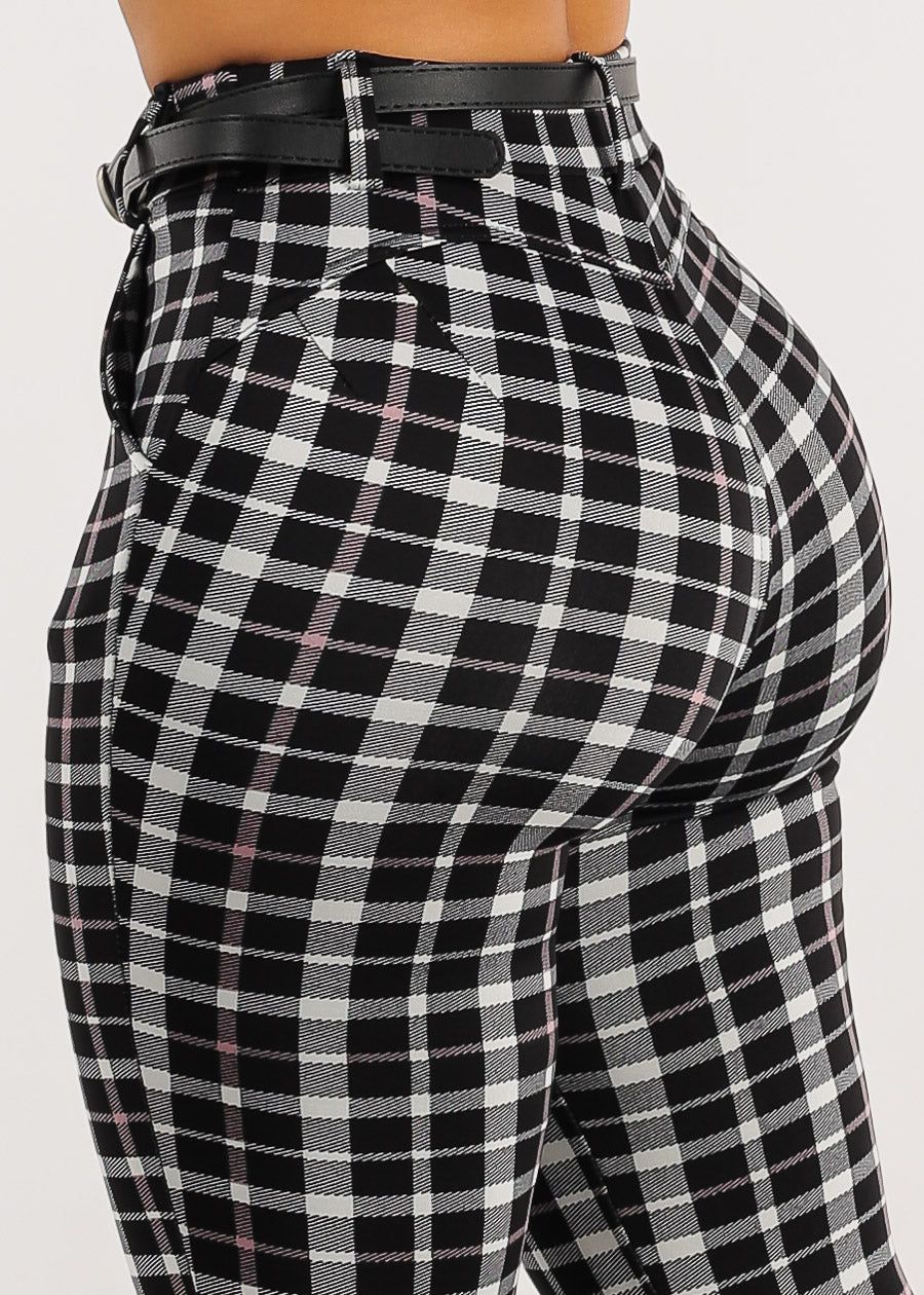 Black High Waist Plaid Butt Lift Skinny Pants w Belt sold by Moda