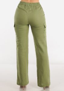 High Waist Straight Leg Linen Cargo Pants Light Olive sold by Moda
