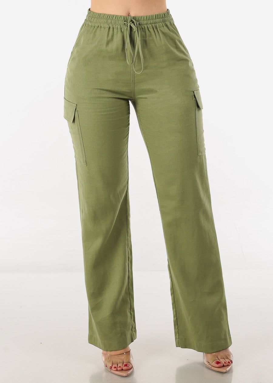 High Waist Straight Leg Linen Cargo Pants Light Olive sold by Moda