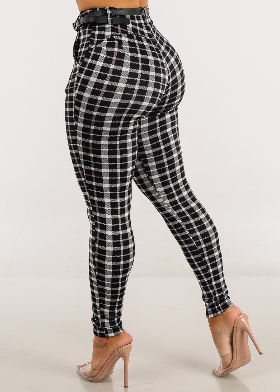 Black High Waist Plaid Butt Lift Skinny Pants w Belt sold by Moda product image thumbnail 5