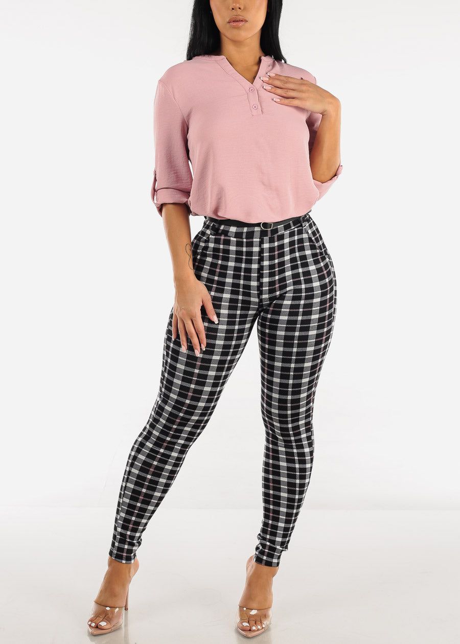 Black High Waist Plaid Butt Lift Skinny Pants w Belt sold by Moda product image thumbnail 2
