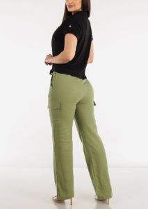 High Waist Straight Leg Linen Cargo Pants Light Olive sold by Moda