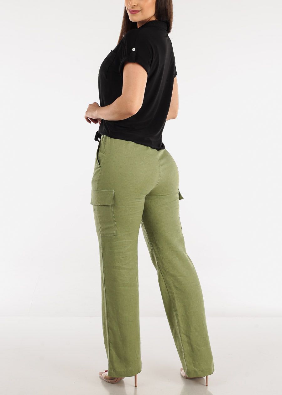 High Waist Straight Leg Linen Cargo Pants Light Olive sold by Moda product image thumbnail 5