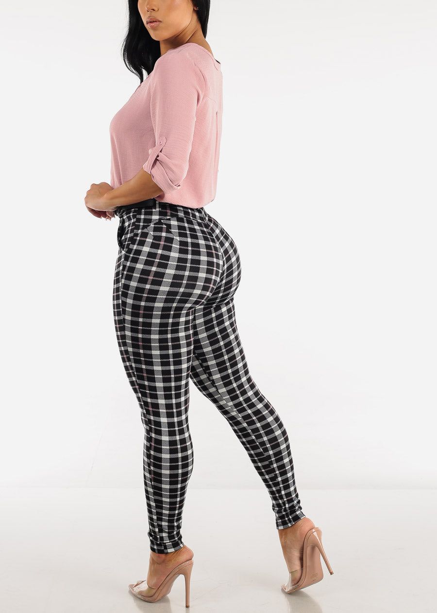Black High Waist Plaid Butt Lift Skinny Pants w Belt sold by Moda product image thumbnail 6