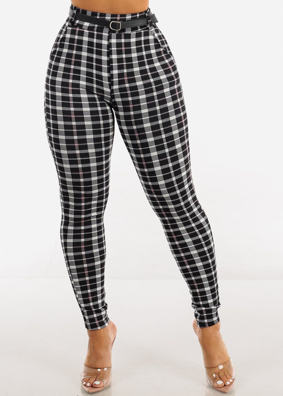 Black High Waist Plaid Butt Lift Skinny Pants w Belt sold by Moda product image thumbnail 3