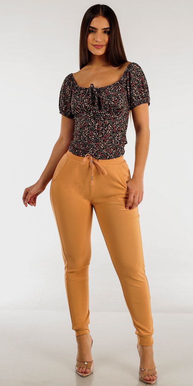 High Rise Drawstring Waist Jogger Pants with Short Puff Sleeve Black Floral Crop Top sold by Moda