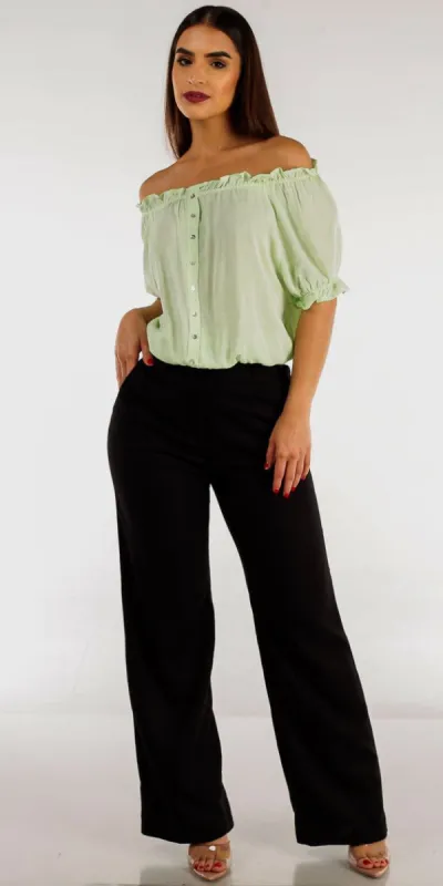 Black Straight Wide Leg Linen Pants with Mint Off Shoulder Rayon Top sold by Moda