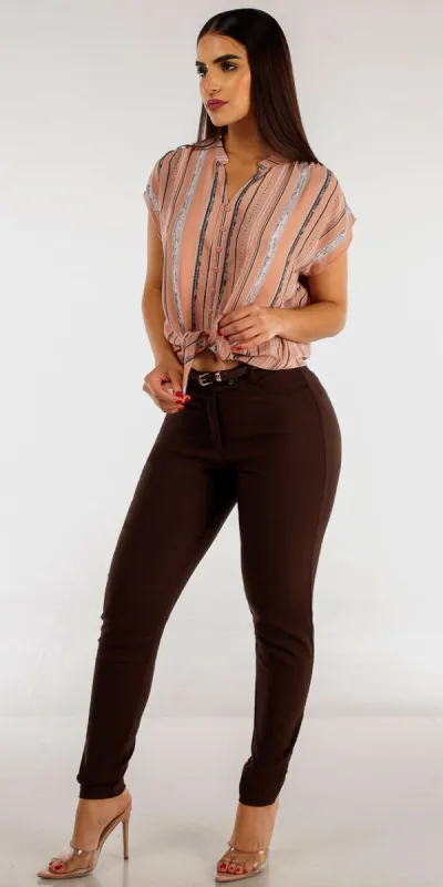 Brown Belted Dressy Skinny Pants with Stripe Tie Front Short Sleeve Pink Shirt sold by Moda